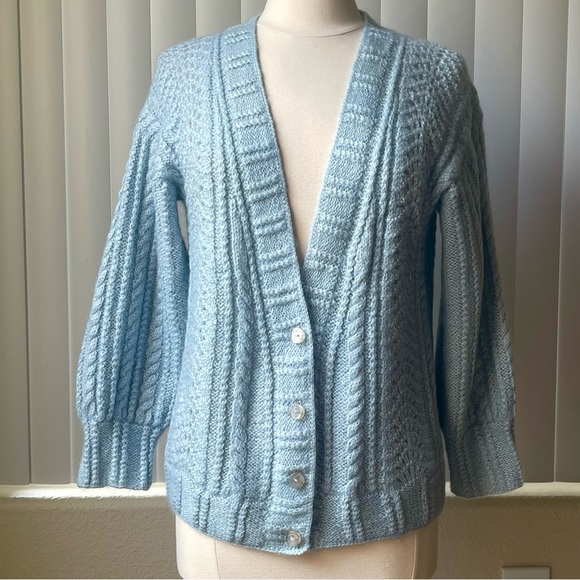 Blue Wool Handcrafted V neck button down Cardigan sweater SZ: M - Picture 1 of 11